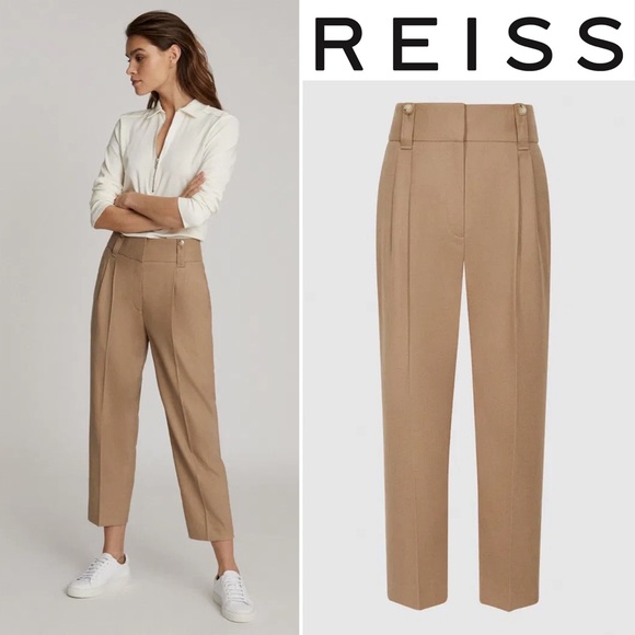 REISS Esther Wool Silk Linen Blend Pleat Front Trousers High Rise Pants In Tan 8 - Picture 2 of 16